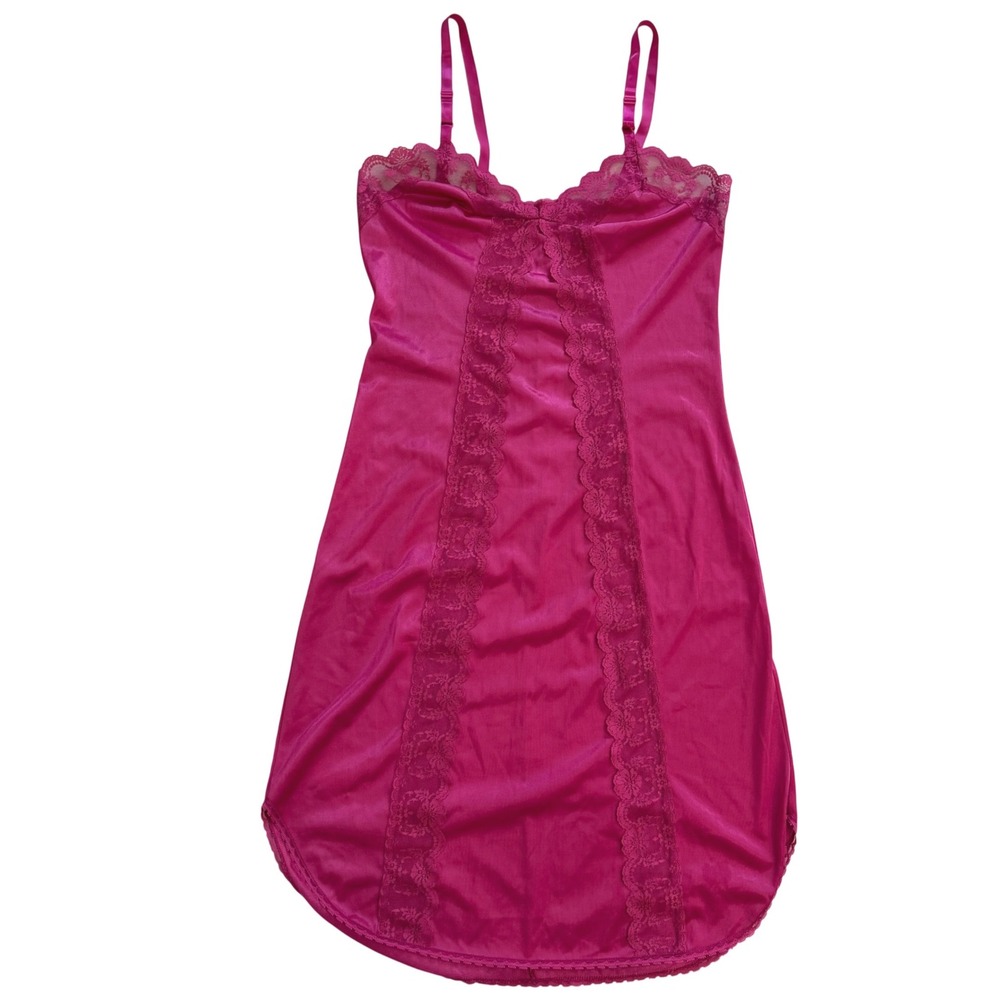 Vintage Movie Star Magenta Pink Lace Trim Nylon Chemise Nightgown Slip Dress 34‎
